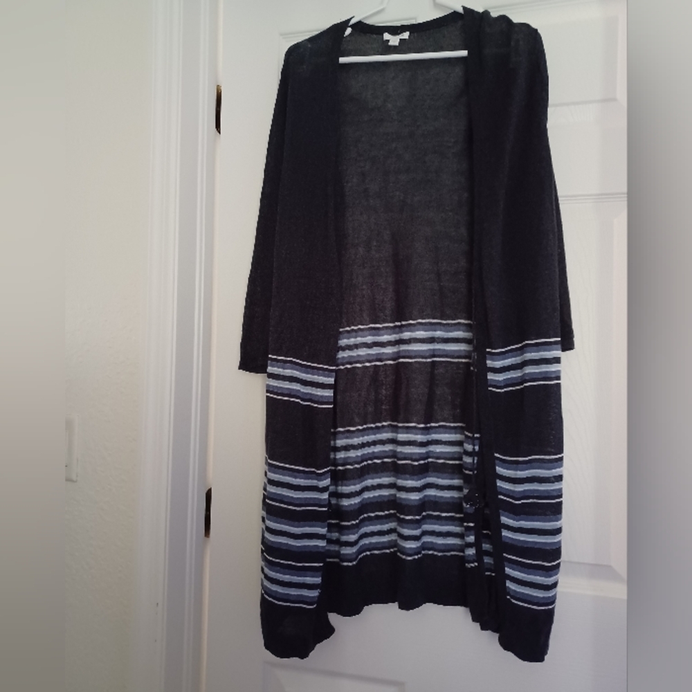 J. Jill Blue Striped Open Long Cardigan With Tie Tassel Size L